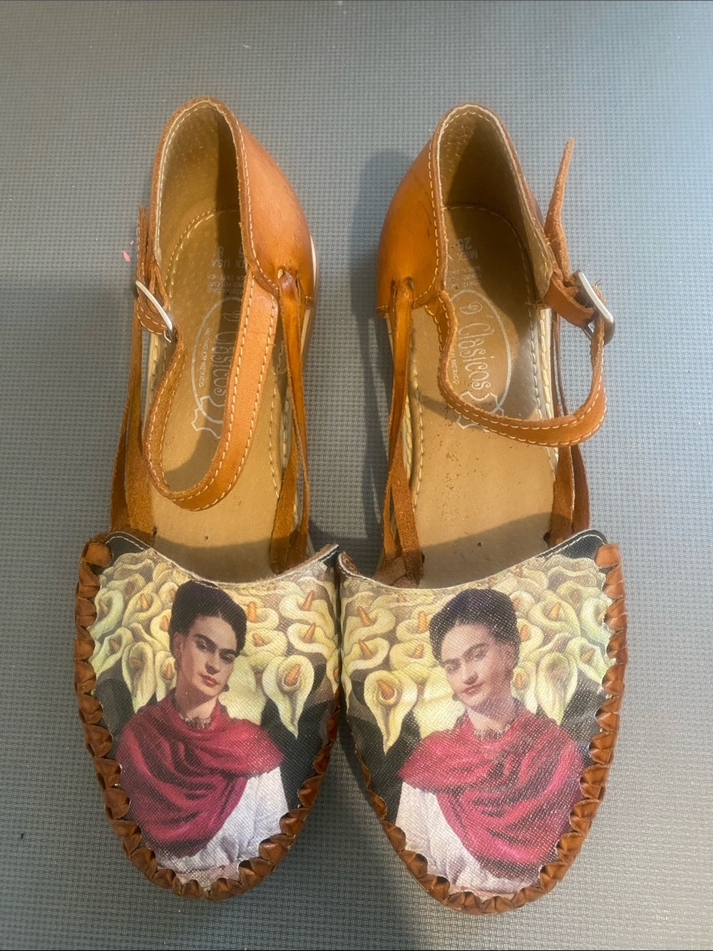 Tan Leather Mary Jane Flats with Artistic Portrait Print